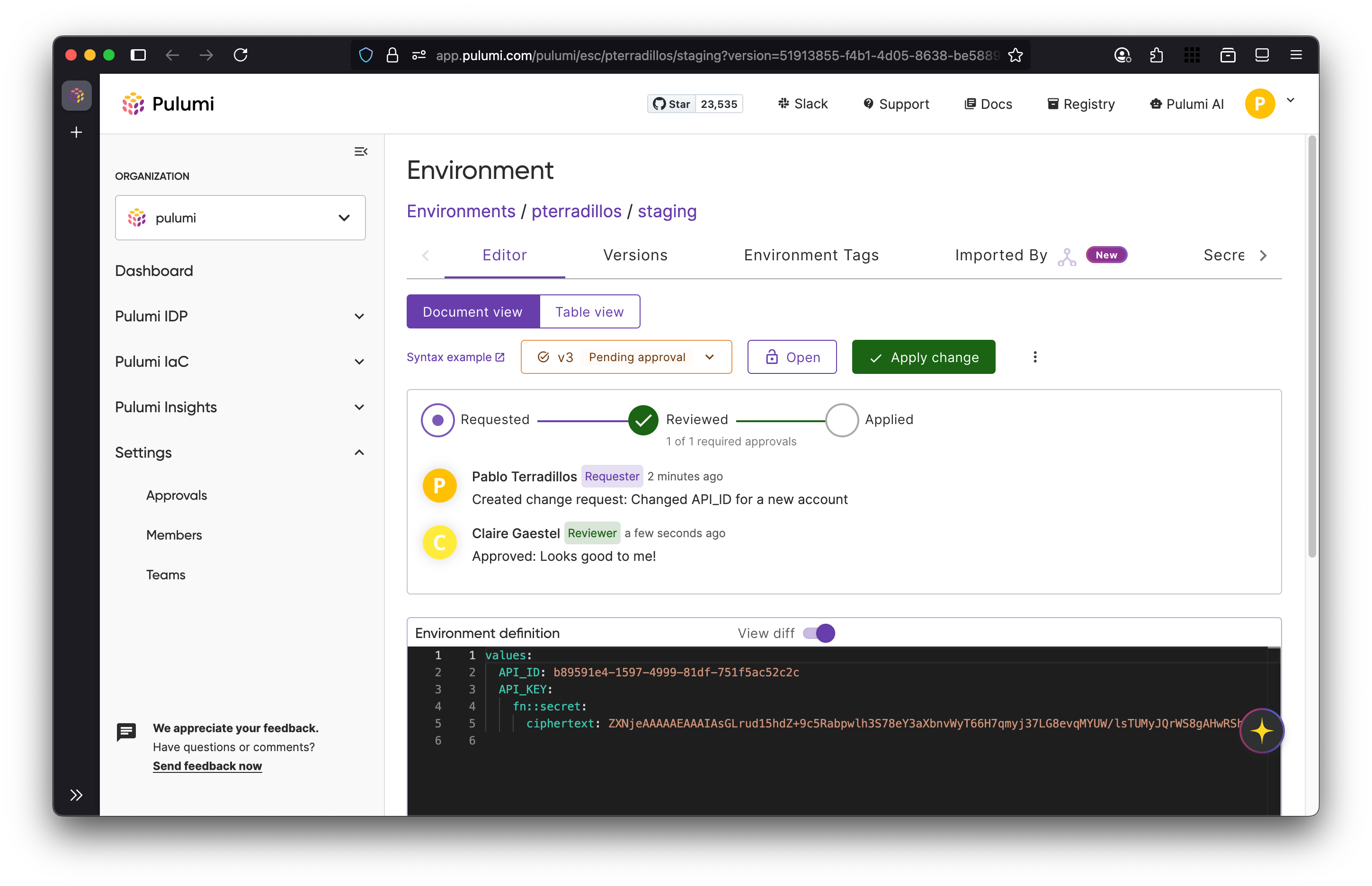 Pulumi ESC Approvals Workflows