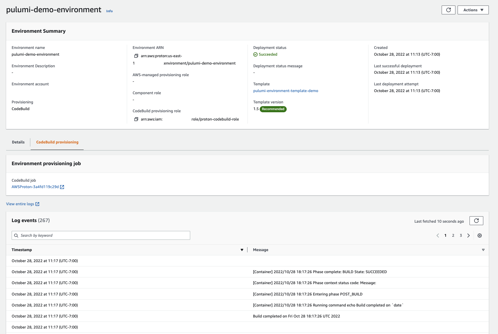 Screenshot of AWS CodeBuild log after Pulumi stack provisioning
