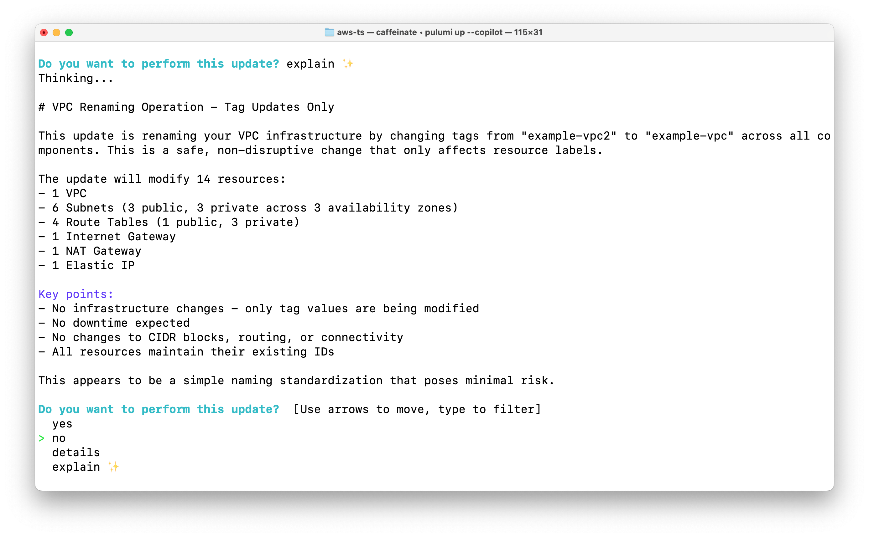 Preview explanation by Pulumi Copilot