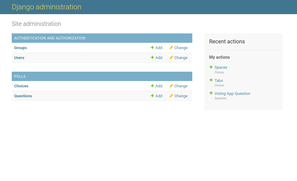 Django admin panel interface showing user and question models
