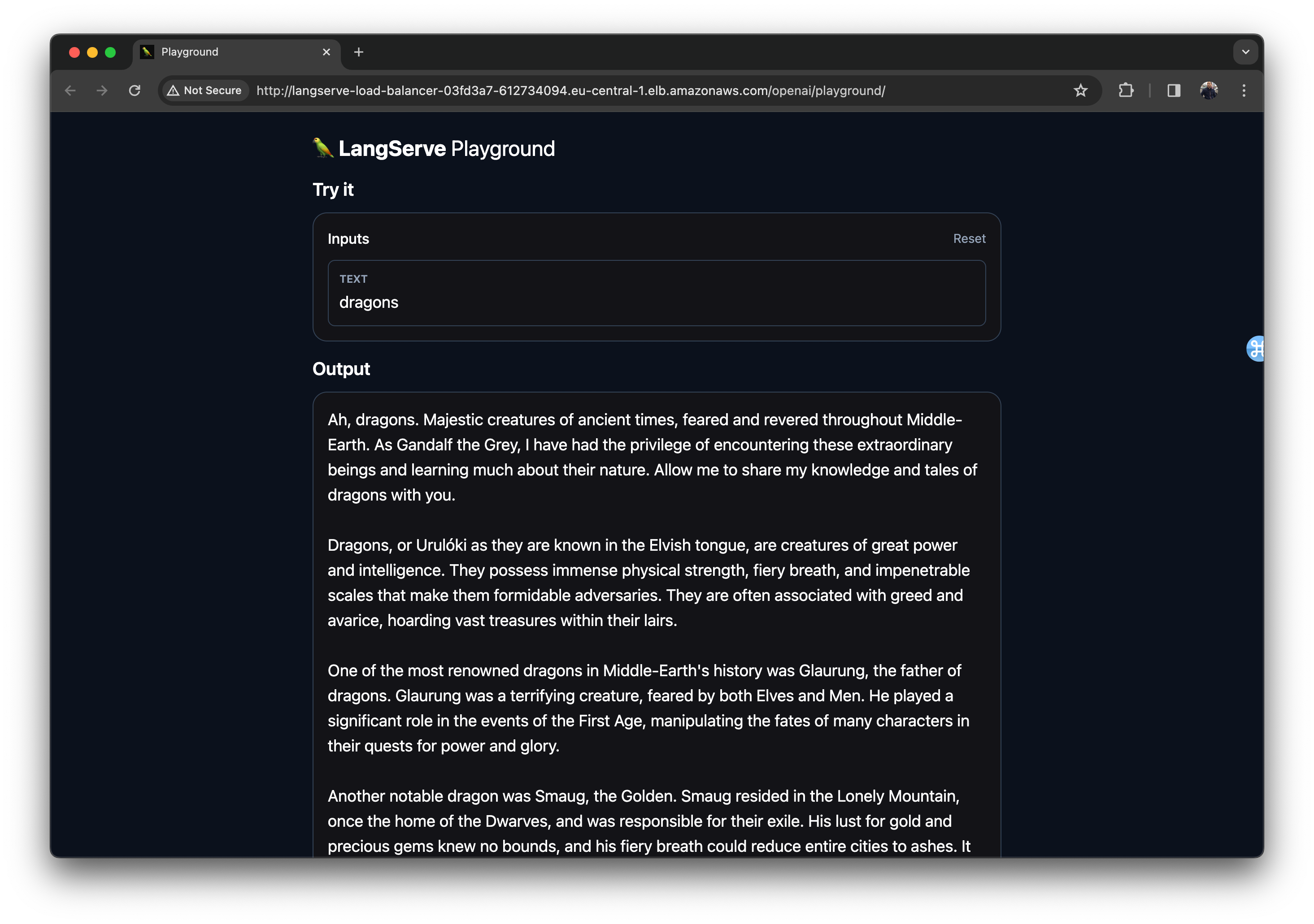 Gandalf AWS app in a web browser depicting LangServe Playground with outputted result from an inputted prompt
