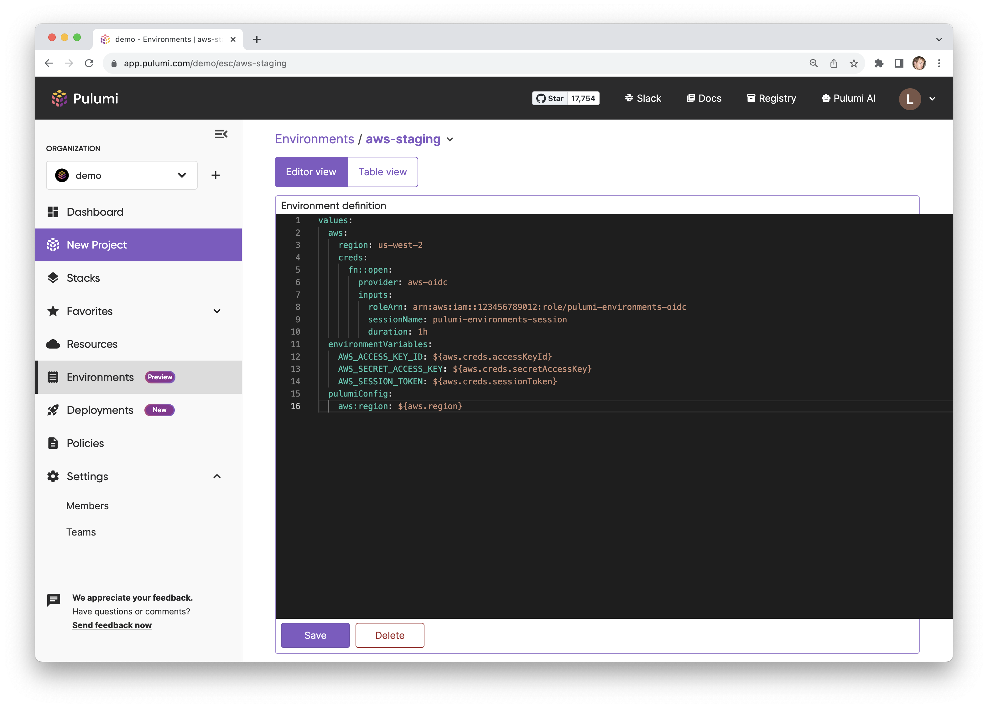 A Pulumi ESC Environment in the Pulumi Console