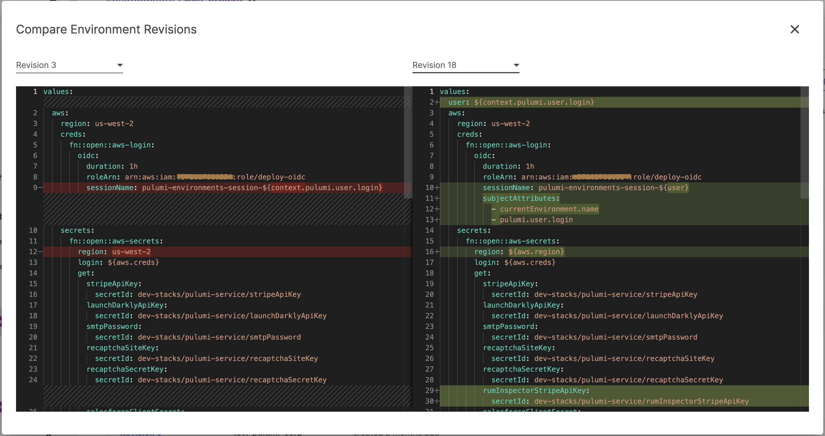 Environment Revision Diff in Pulumi Console