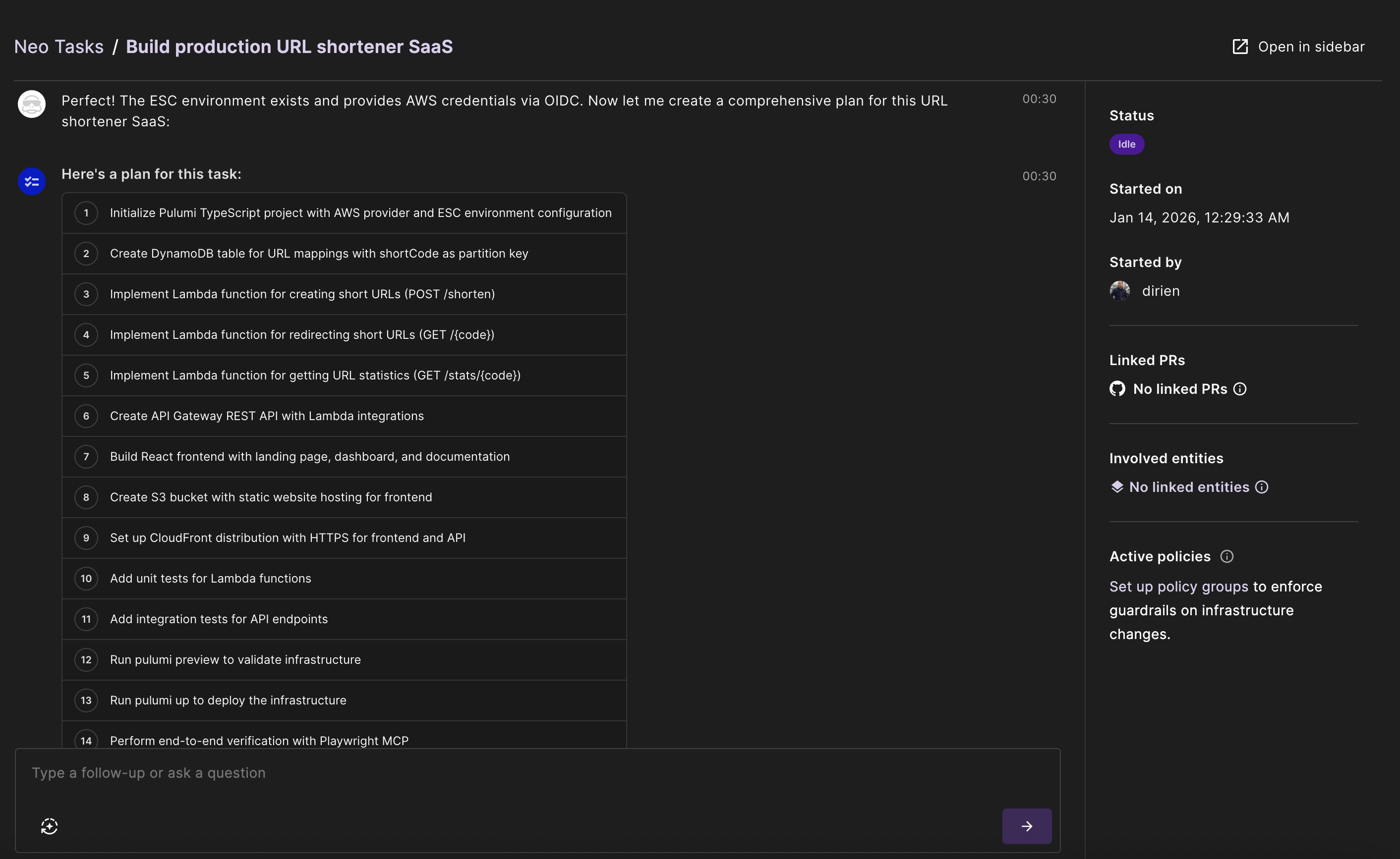 Pulumi Neo interface showing task configuration with auto mode enabled