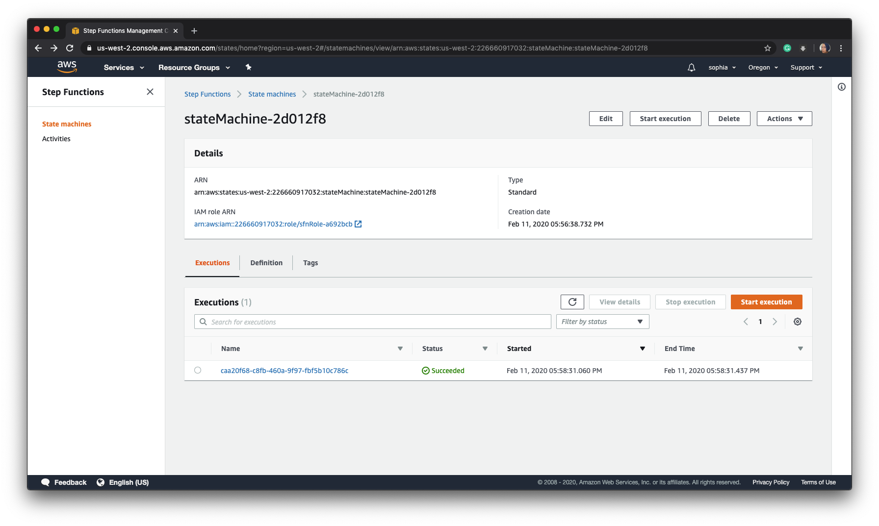 AWS Serverless Console Step Functions screenshot