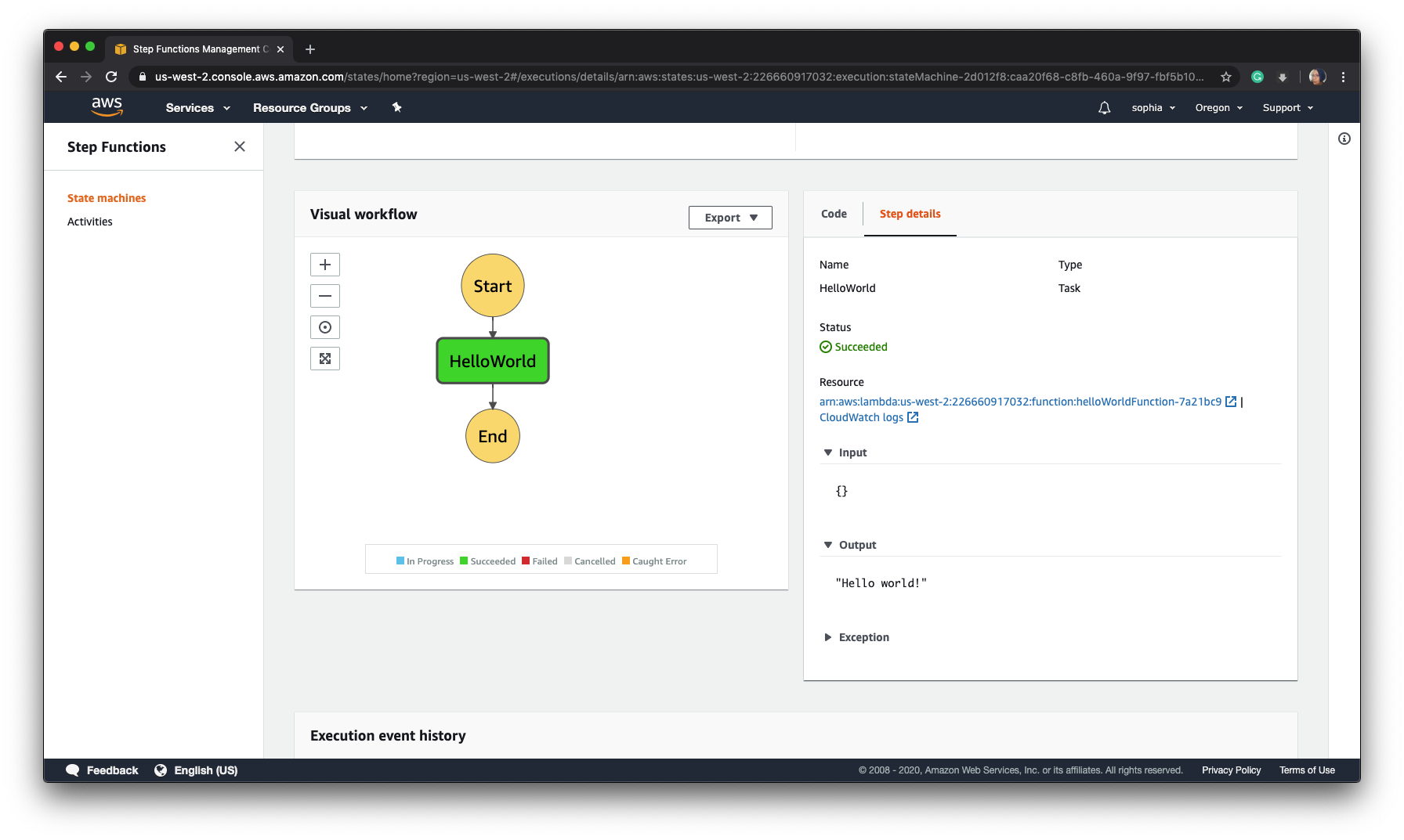 AWS Serverless Console with 1 step function visual workflow