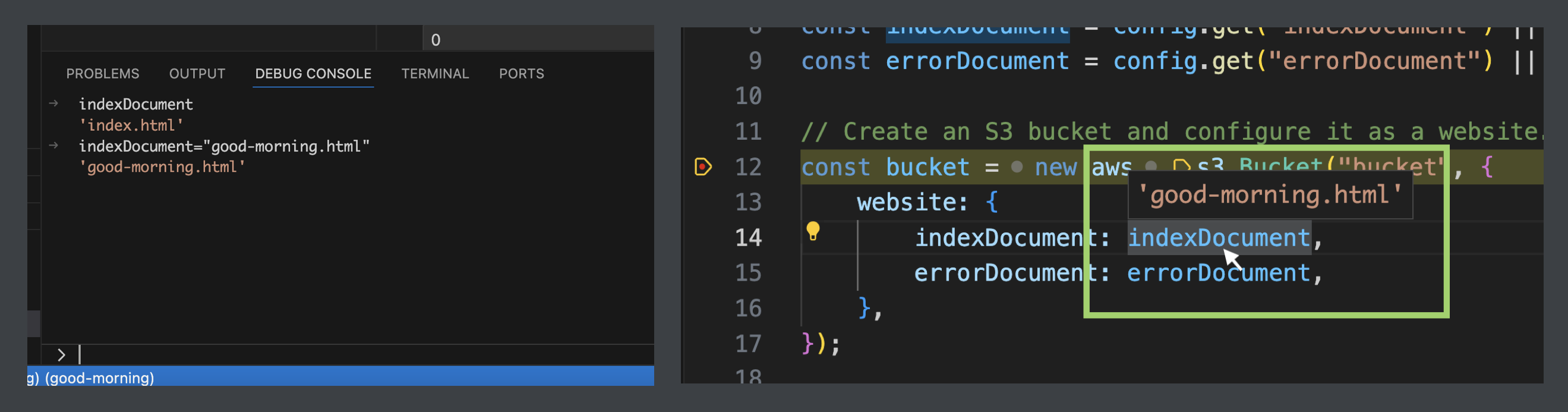 Figure: Screenshots of debug console and editor window after changing the indexDocument variable