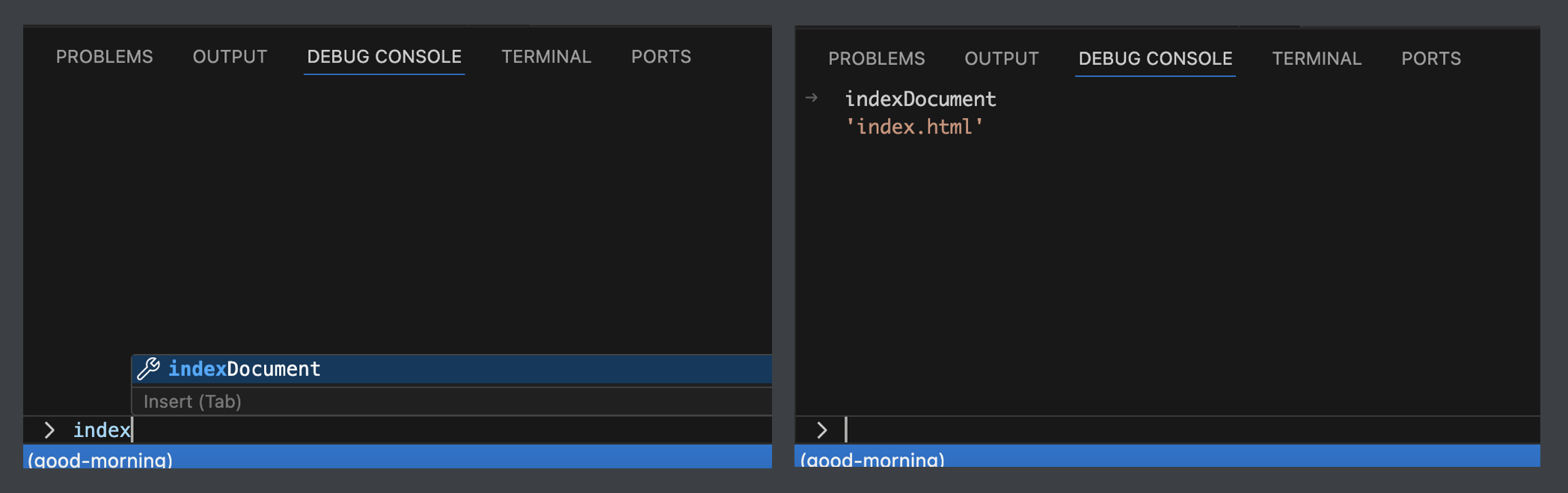 Figure: Debug console tab completion and inspecting variable values.