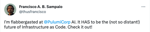 I'm flabergasted at @PulumiCorp AI. It HAS to be one the (not so distant!) future of Infrastructure as Code. Check it out!