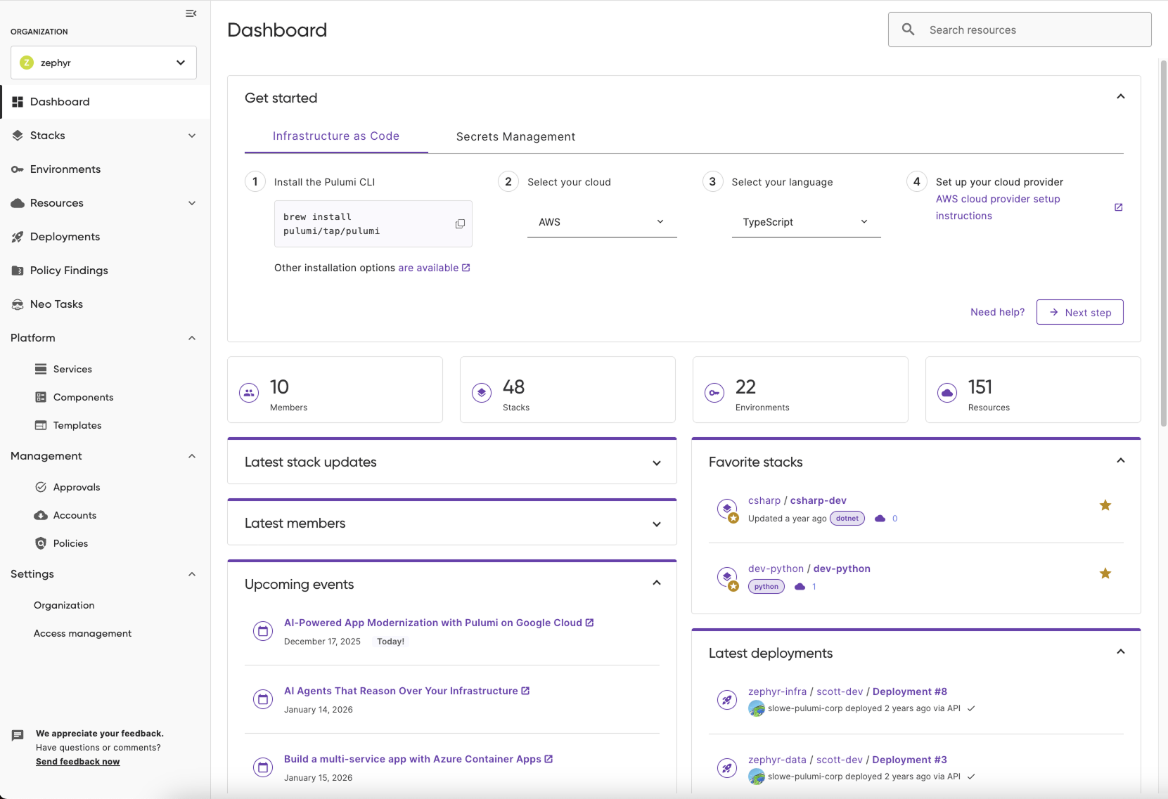 Screenshot of Pulumi Cloud dashboard in light mode