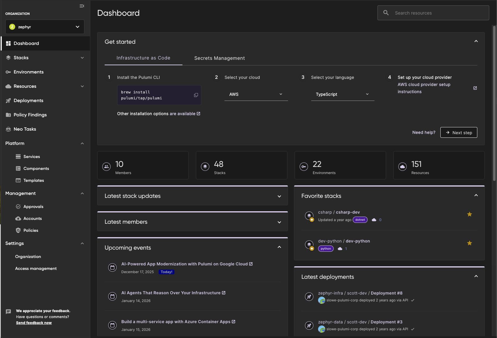 Screenshot of Pulumi Cloud dashboard in dark mode