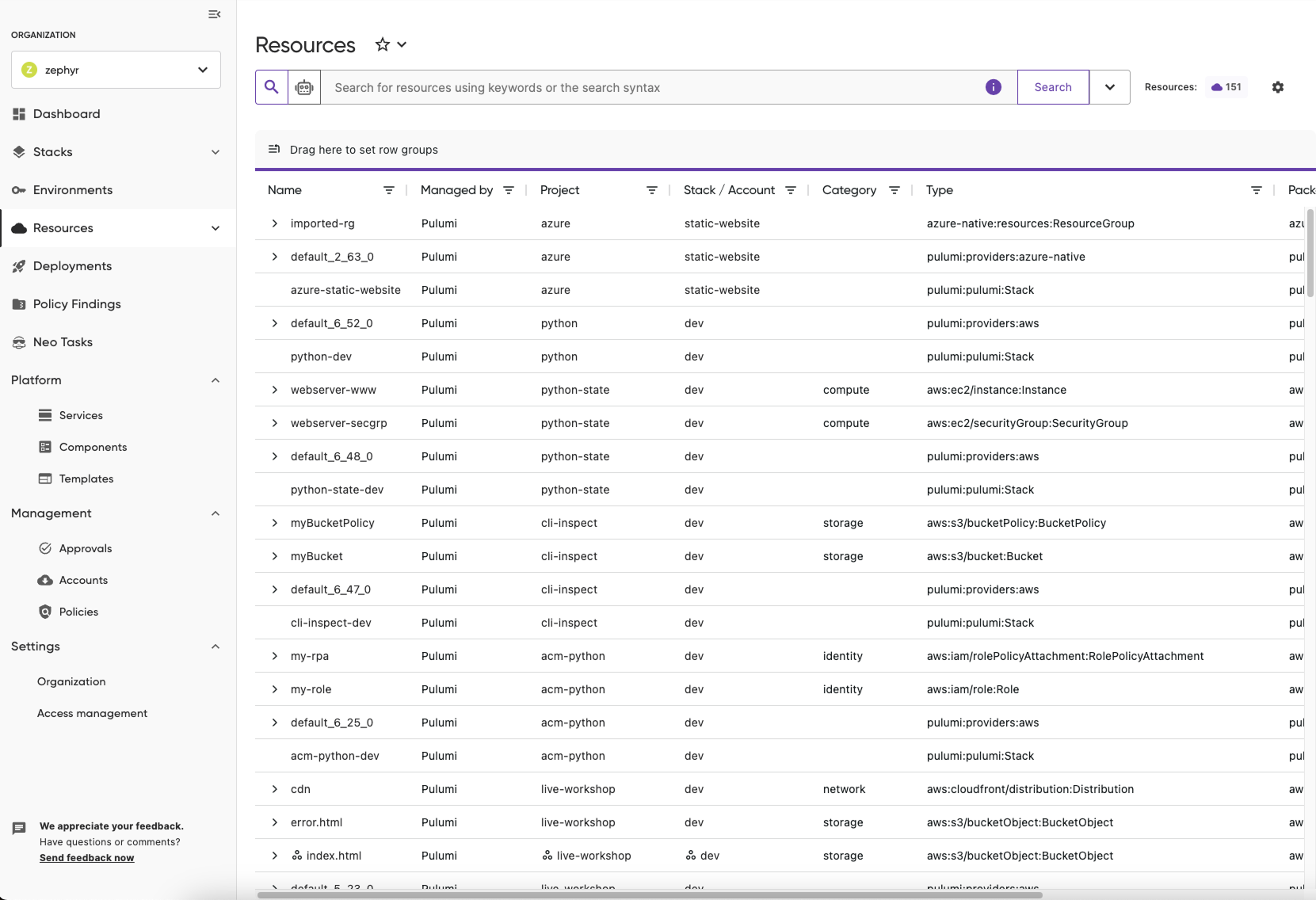 Screenshot of Pulumi Cloud Resources page in light mode