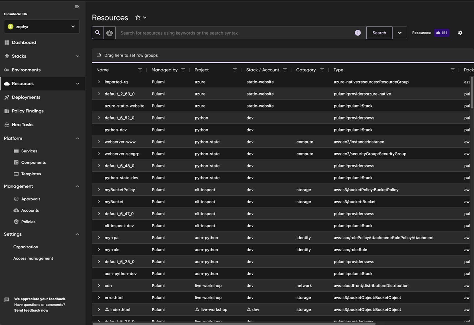Screenshot of Pulumi Cloud Resources page in dark mode