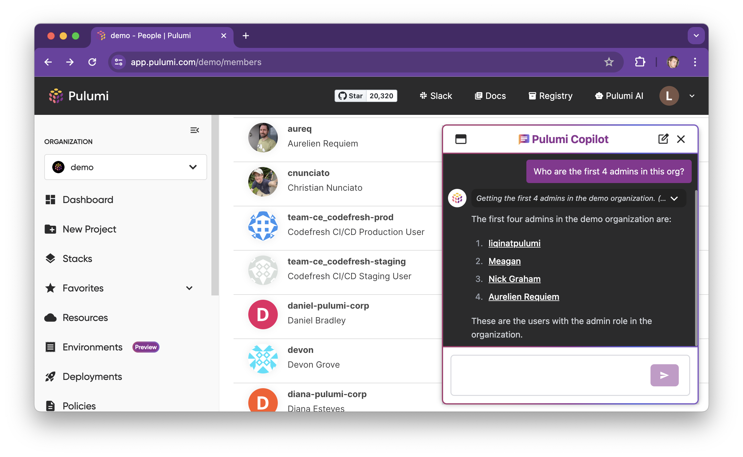 Pulumi Cloud screenshot with copilot window open. The dashboard depicts the Admins in the Console