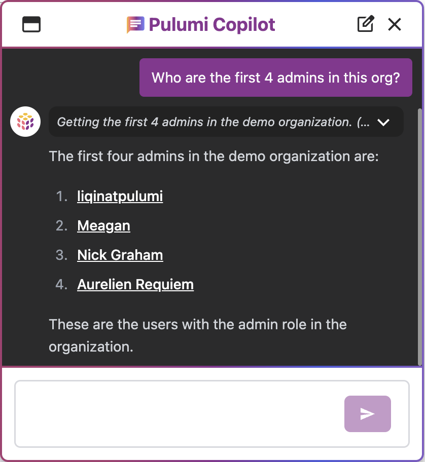 Chat interface window of Pulumi Copilot where the user asks who the admins of the org are
