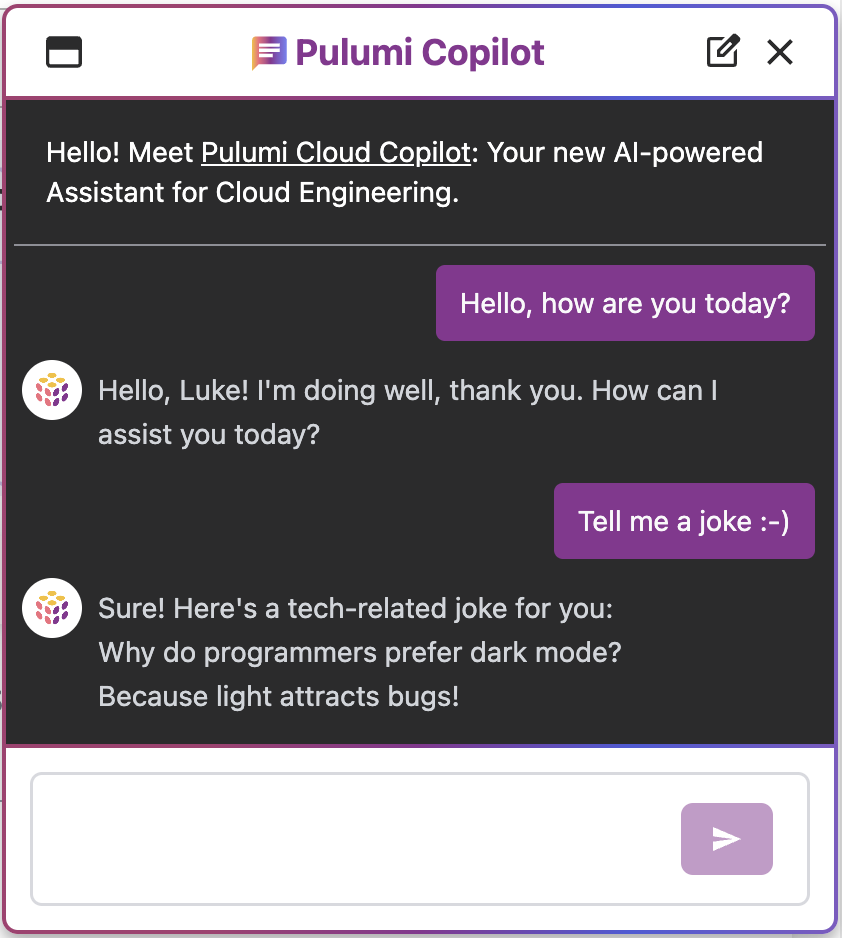 Chat interface window of Pulumi Copilot