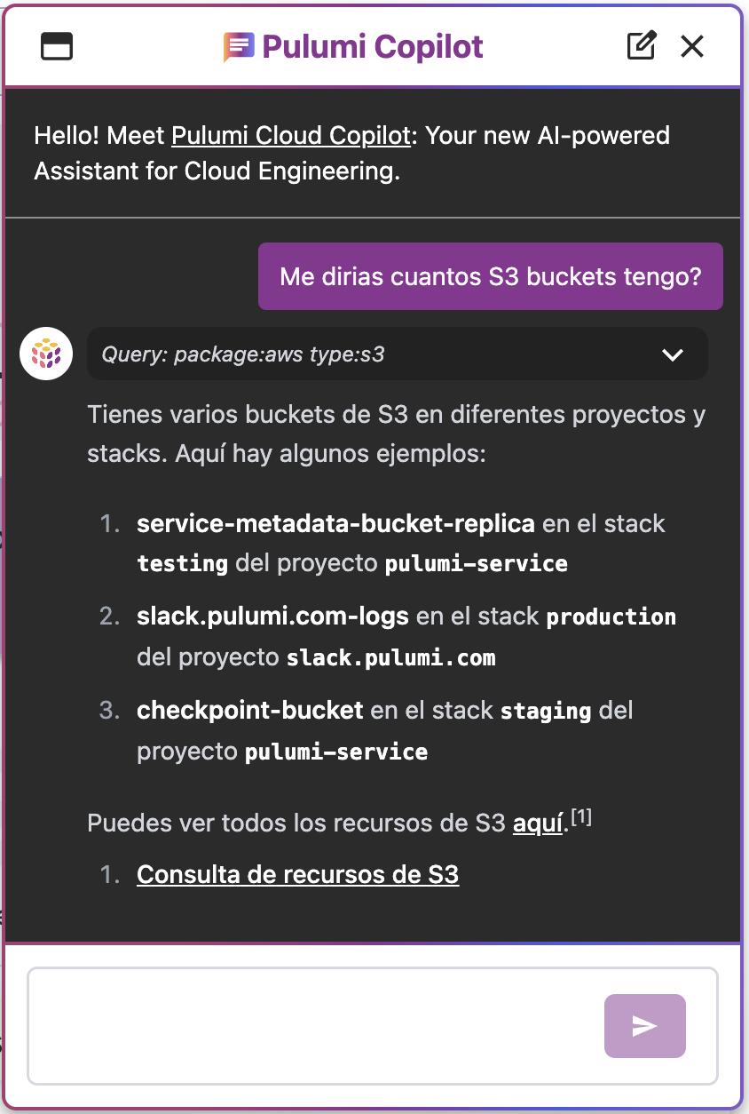Pulumi Copilot where user asks question in Spanish