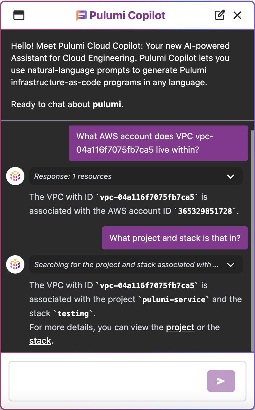 Pulumi Copilot window inquiring about AWS account associated with a specific VPC, project, and stack
