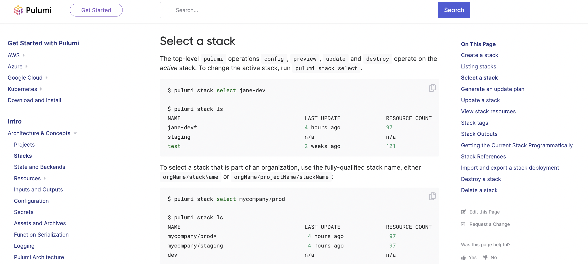 A screenshot of the Pulumi Docs with updated search