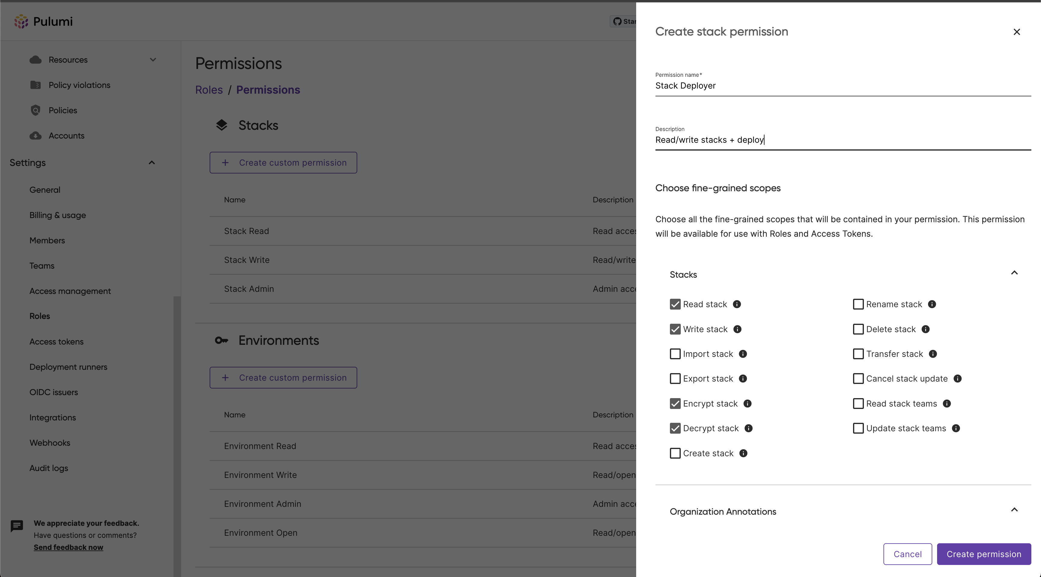 Create a permission set side panel