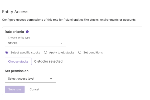 Configuring an entity access rule for stacks