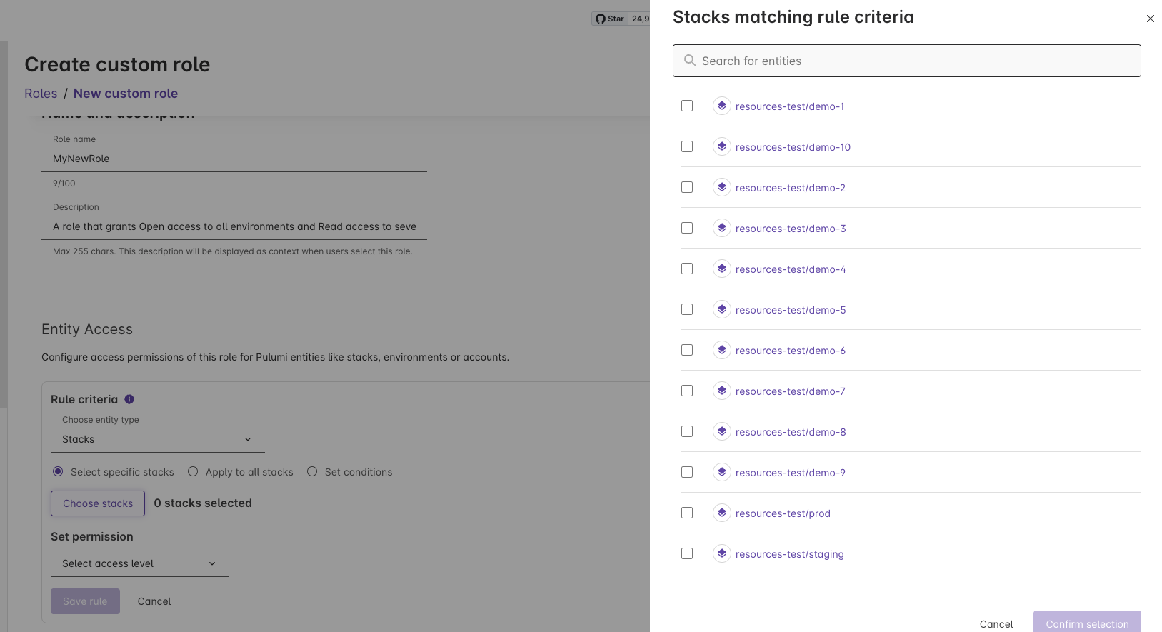 Browsing available stacks in the rule criteria dialog
