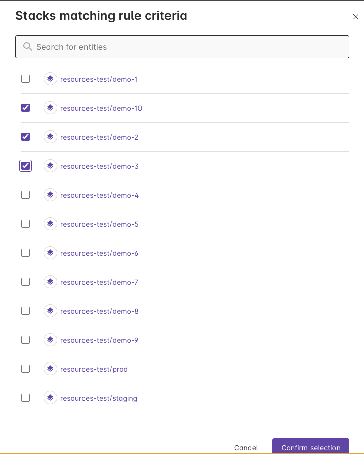 Selecting stacks to include in the rule
