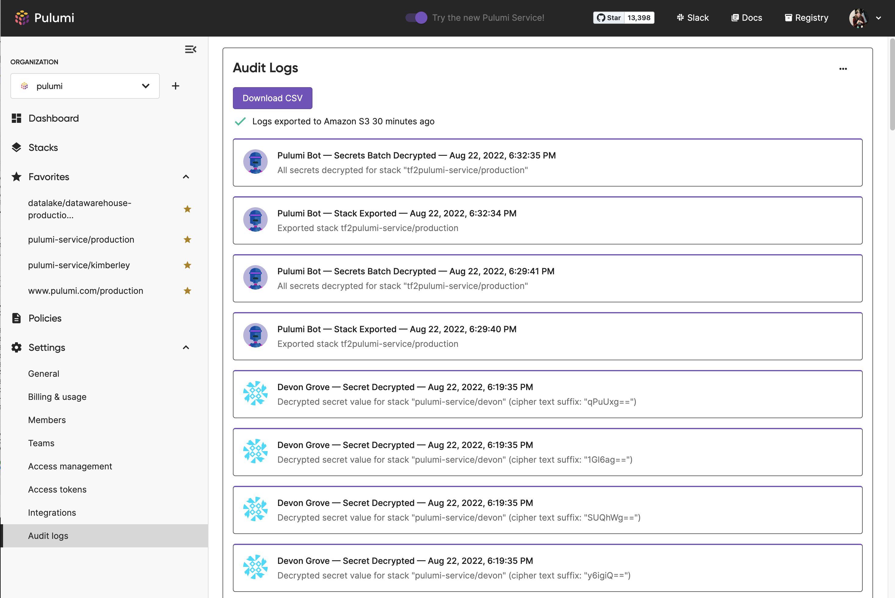 Audit logs view in Pulumi Cloud