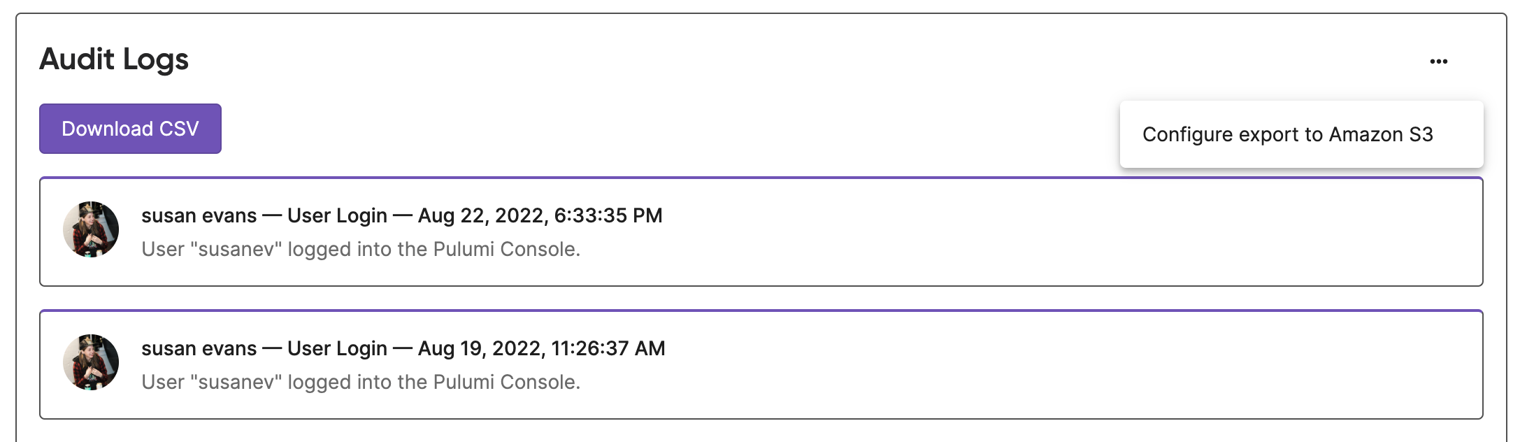 Audit log export menu showing the Configure Audit Logs to S3 option