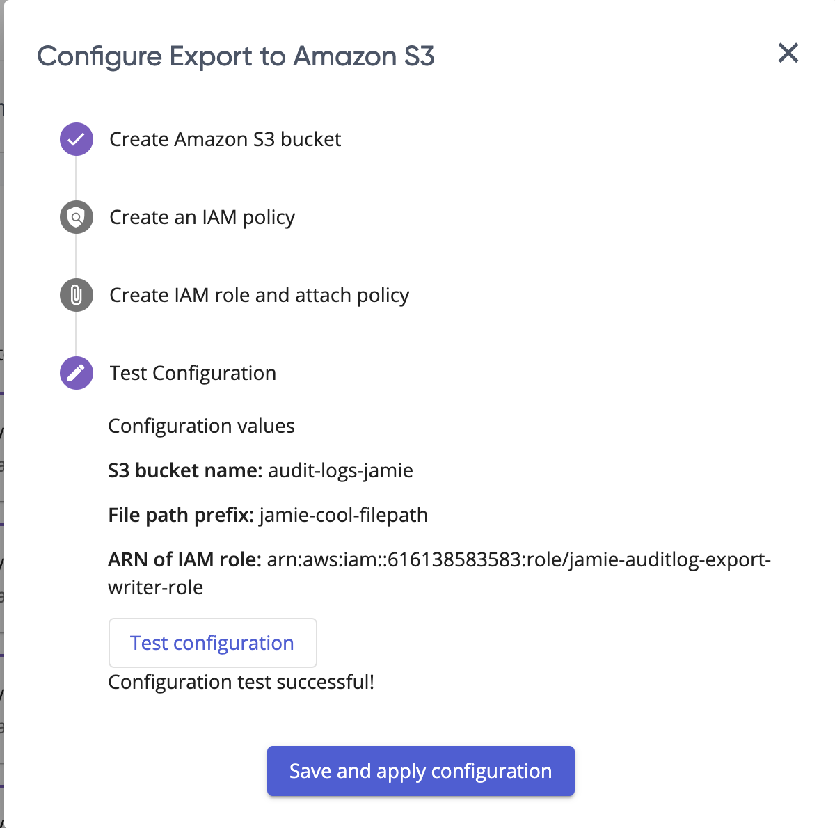 Testing the audit log export configuration