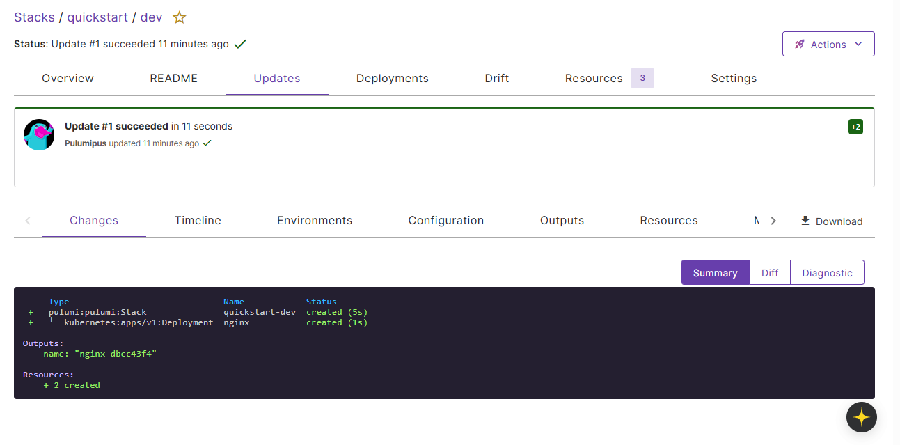 A stack update with console output, as shown in the Pulumi Service